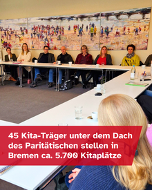 Mehrere Männer und Frauen in einem Seminarraum. Text: 45 Kita-Träger unter dem Dach des Paritätischen stellen in Bremen ca. 5.700 Kitaplätze