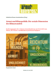 Deckblatt Bremer Armutskonferenz zu Armut und Klimapolitik. Grafik mit Hochhäusern, rauchenden Schornsteinen, Solar, Auto, Schiff, Windrad, Keyword: Klimawandel Armut Reichtum Ungleichheit