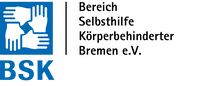 Logo: blaues Quadrat mit vier weißen Händen, die rundherum ineinandergreifen. Text: Bereich Selbsthilfe Körperbehinderter Bremen e.V.