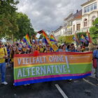 großes buntes Banner "Vielfalt ohne Alternative" und Logo des Paritätischen, dahinter viele Menschen mit bunten Flaggen bei einer Demo (CSD)