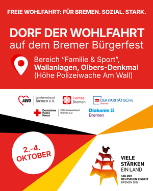 Grafik mit Text: Dorf der Wohlfahrt auf dem Bremer Bürgerfest, Wallanlagen Olbers-Denkmal, 2.-4- Oktober 2026