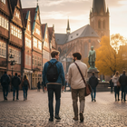 Zwei Männer laufen durch eine herbstliche Stadt, einer blond, einer dunkelhaarig