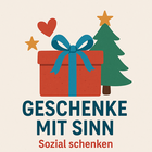 Illustration mit Geschenk, Herz, Sternen und Weihnachtsbaum, darunter der Text „Geschenke mit Sinn – Sozial schenken“.