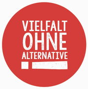 rotes rundes Element mit weißem Text: Vielfalt ohne Alternative